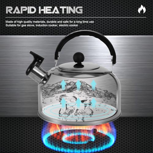 PRETYZOOM Stainless Steel Tea Kettle for Stove Top and Induction 2L Whistling Water Kettle with Flat Bottom Ergonomic Handle Fast Heating for Home Camping Brewing
