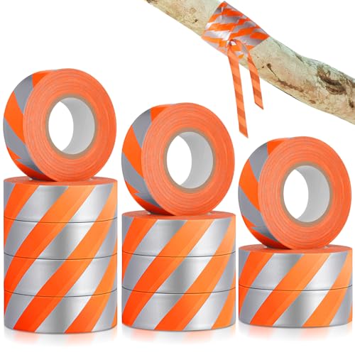 Pushglossy 12 Rolls 1" x 1800' Orange Flagging Tape with Silver Stripe | Non Adhesive, Reflective, Plastic Survey Ribbon Surveyor Caution Trail Marking Tape for Tree Mark Hunting Hiking Construction - size: 1"x 150'