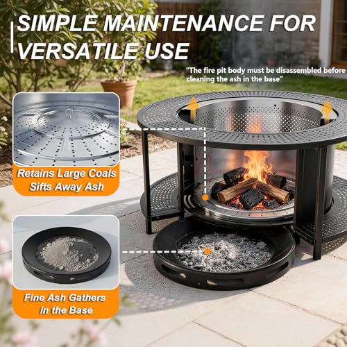 Gotland 37inch Smokeless Outdoor Fire Pit, Larger Round Metal Firepit with Lid Fire Poker Waterproof Cover, 2 in 1 Outdoor Fireplace, Fire Pits for Outside Wood Burning, BBQ, Camping, Heating, Bonfire - size: 37 inch