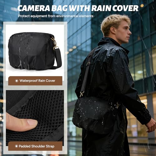 RAINSMORE Camera Bag, Vintage Canvas Camera Sling Bag Crossbody Camera Case - color: Black