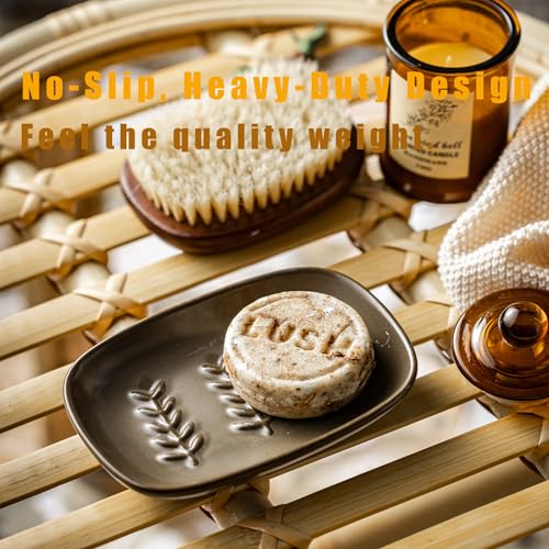 Miamolo Ceramic Soap Dish, Soap Holder Shower Fits 2 Bars, Extend Soap Life | Space-Saving, Non-Slip Tray | Multi-Use for Shampoo, Sponges | for Bathroom & Kitchen Sink | Farmhouse Rustic Accent, Brown - color: Brown, size: Leaf Design