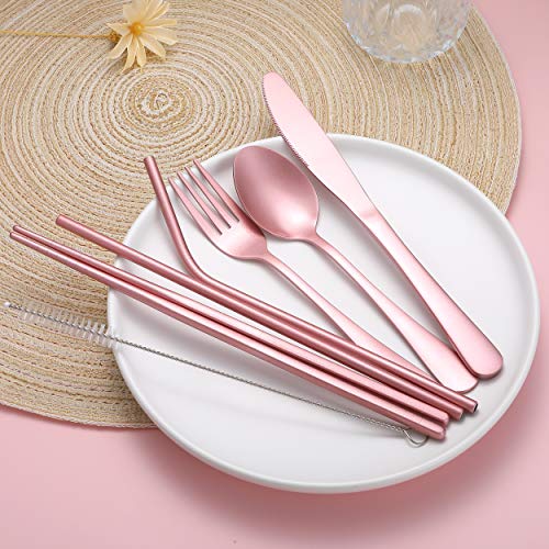 Portable Stainless Steel Flatware Set, Travel Camping Cutlery Set, Portable Utensil Travel Silverware Dinnerware Set with a Waterproof Case (Pink) - color: Pink