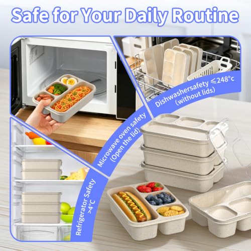 Bento Box 5-Pack, 4-Compartment Lunch Box for Women, Men & Kids, BPA-Free Wheat Straw Snack Containers, Ideal for Meal Prep, Travel, School, Work (White) - color: White