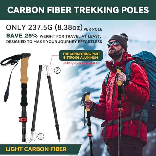 Carbon Fiber Trekking Poles, Lightweight Hiking Sticks with Cork Grip 2 Pcs - color: Black