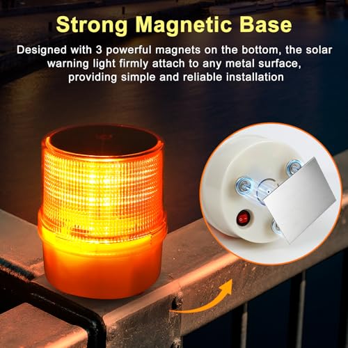 Aolyty Solar Warning Light, Magnetic Base, Rotating Flash Mode, Yellow | IP65 Waterproof Safety Beacon for Driveways, Construction Sites, Guardrail Outdoor Warning - color: Yellow