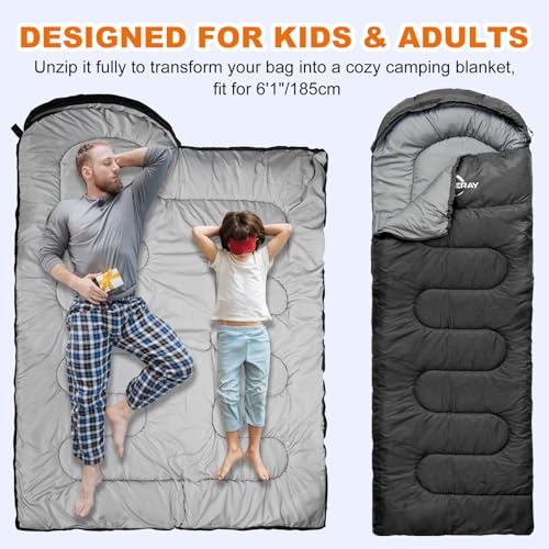 Sleeping Bags for Adults Cold Weather & Warm - Backpacking Camping Sleeping Bag Girls Boys - Lightweight Compact with Compression Sack - color: 50-80°F Everyday 3 Season-Black