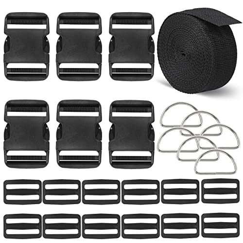 RNKP Heavy-Duty Buckle and Strap Set 2“: 6 Yards of Thick nylon webbing, 6-Pack Adjustable Quick Side Release Plastic Buckles, 12 Tri-Glide slide Clips, 6 Metal D-rings, Black (2” Combo kit) - size: 2" x 6 yd