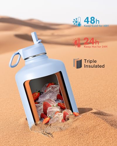 Coolflask 128 oz Gallon Water Bottle Insulated with Straw & 3 Leakproof Lid - color: Light Blue, size: 128 Ounces