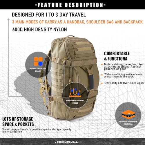 3-in-1 Gym Bag Duffle Bags Backpack - Travel Bag with Shoes Compartment - color: Coyote, size: 25L