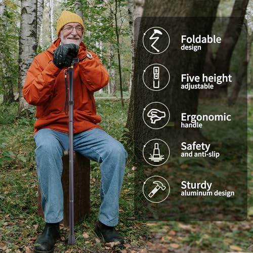 Folding Walking Cane for Seniors, 5-Level Adjustable Height Lightweight Aluminum Walking Stick with Ergonomic Handle, Portable Travel Cane with Anti-Slip Tip, Foldable Mobility Aid for Men Women - color: Blue