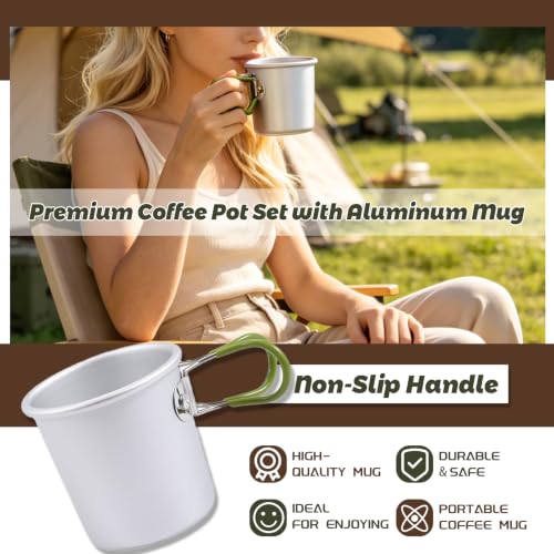 1.8L Camping Kettle Set, Aluminum Alloy Pot with 2 Mugs & Carry Bag | Coffee Tea Kettle, Anti-Scald Handle, Fast Boiling for Open Fire Stove, Hiking Backpacking Picnic