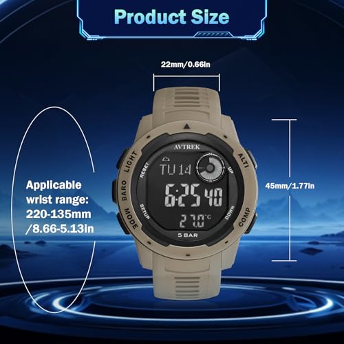 AVTREK Tactical Watch with Compass Pedometer,50M Waterproof-2003 | Digital Altimeter Watch for Outdoor Hiking/Climbing/Walking - color: Cafe