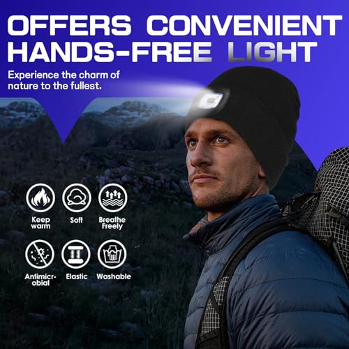 Keains Unisex Beanie with The Light ，Rechargeable LED Headlamp Cap， Warm Knit Hats for Winter Safety Gifts for Men Women Dad - color: Grey