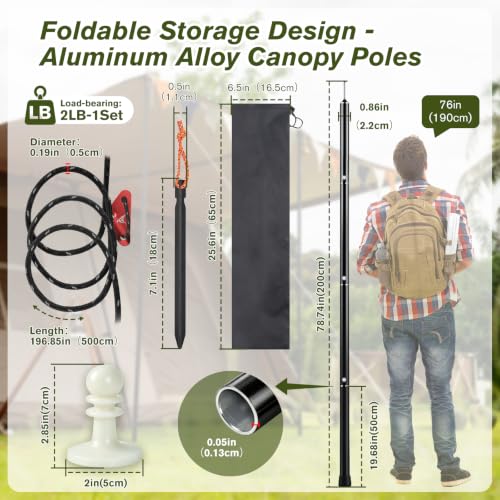 Tent Poles for Tarp,Aluminum Alloy Tarp Poles with Pegs & Reflective Ropes | Adjustable 4-Section Canopy Poles Set, 78" x 0.86", Lightweight Telescoping Tarp Poles for Camping, Hiking, Backpacking