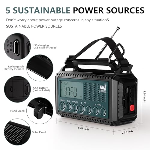 Emergency Crank Weather Radio with NOAA Auto Alerts and Shortwave, 5000mAh | Solar Charging, AM/FM/SW, Flashlight, Reading Lamp, SOS Alarm, Phone Charger, Time Clock and Large LCD Display - color: Blue