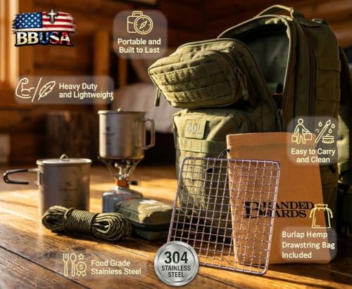 Portable Bushcraft Stainless BBQ Small Cooking Grill Grate & Burlap Hemp Drawstring Bag, Camping, Campfires Backpacking, Hunting & Fishing. (Small Grill & Bag ONLY) - size: Small Grill & Bag