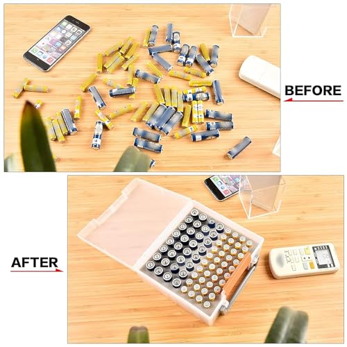 FULLCASE Battery Organizer Storage Case with Tester for AA AAA Batteries | 34 AA/30 AAA Plastic Holder, Test Power, Loose Battery Control, Home Drawer, Toolbox, Camping, Black, No Batteies（Clear) - color: Clear