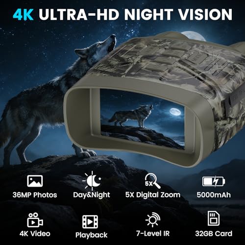 Night Vision Goggles for Adults, 4K Night Vision Binoculars with 5000mAh Rechargeable Battery and 32GB TF Card for Hunting, Wildlife Observation and Security - color: Camouflage