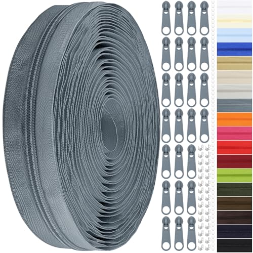DOITEM 12 Yards Nylon Coil Zipper by The Yards, #3 Bulk Zippers for DIY Sewing Craft Bags with Replacement 25PCS Sliders (Grey, #3) - color: Grey, size: #3