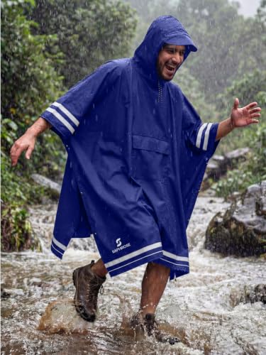 SaphiRose Hooded Rain Poncho Waterproof Raincoat Jacket for Men Women Adults - color: Deep Blue03 (With Reflective Stripes)