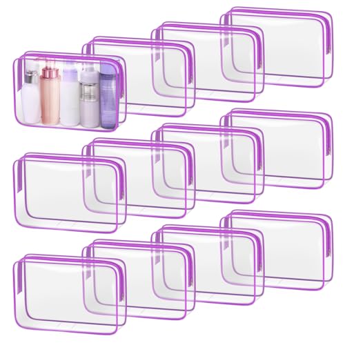 TISRATOK 12 PCS Clear Makeup Bags with Zipper, TSA Approved Toiletry Pouch - color: Purple, size: Large