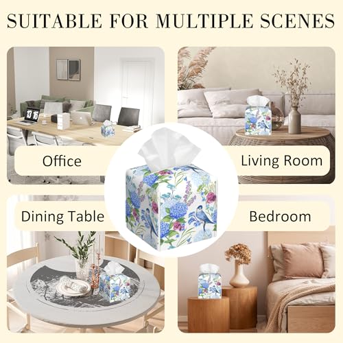 Leather Tissue Box Holder Bird with Blue Hydrangea Tissue Box Cover Square Waterproof Tissue Holder Organizer Modern Napkin Holder for Bedroom Dresser Night Stand Office Desk - color: Bird With Blue Hydrangea