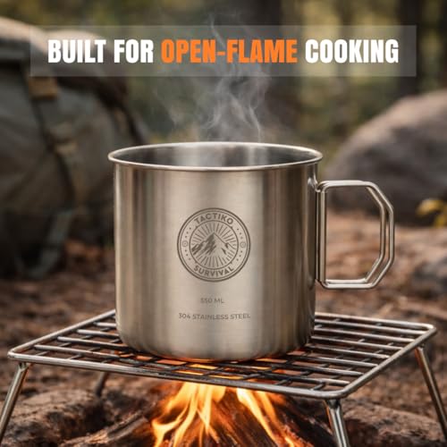 Tactiko 304 Stainless Steel Camping Mugs with Carabiners | Heavy-Duty | Large Metal Coffee Cup or Solo Cook Pot w/ Folding Handle | Backpacking Gear for Hiking, Overlanding & Survival | 18 oz/550ml