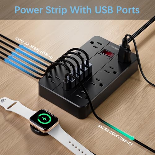 Power Strip with USB Ports, HUNIAN 5Ft Flat Plug Extension Cord, Black | 8 Widely Spaced Outlets 6 USB (1 USB C Port), Wall Mount Charging Station for Home and Office - color: Black, size: 5FT