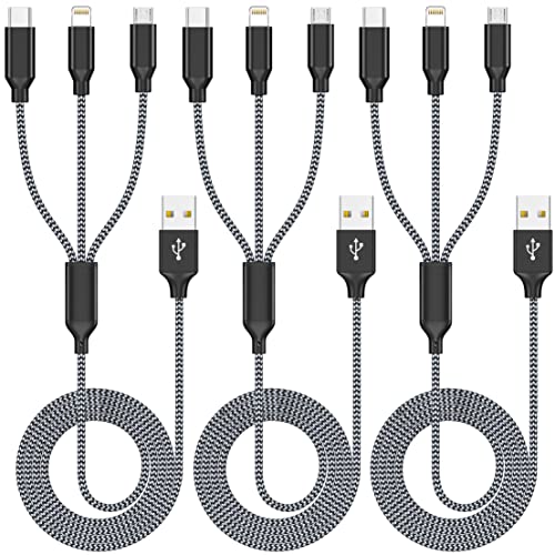 Multi Charging Cable 4ft 3Pack 3 in 1 Charger Cord, Multiple Rapid Cable | Nylon Braided Cable USB Charging Cable Multi Phone Charger Cord with Type C Micro Lightning for Apple iPhone17-5 Cell Phones - color: Grey/Black-4ft