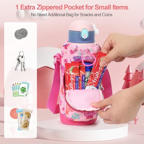 Water Bottle Holder for Kids - Water Bottle Carrier with Strap - color: 1-Pink Dinosuar