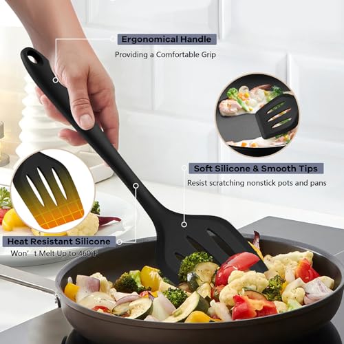 TeamFar Silicone Cooking Utensils, 10 pcs Kitchen Cooking Utensils Set | Heat Resistant Kitchen Gadgets Tools Set w/Spatula, Turners, Spoons, Soup Ladle, Pasta Server for Nonstick Cookware, Black - color: Black