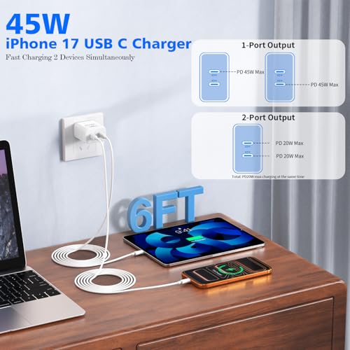 iPhone Charger Fast Charging,[Apple MFi Certified] 45W Dual Quick Apple Charger 2Pack 6FT Type C Block USB C to C Cable for iPhone 17E/17 ProMax/Air/17 Pro/16 Pro Max/16Pro/16E/15 ProMax/Plus,iPad Pro - color: White 6FT C-C