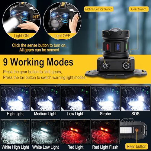 BORUIT T701A Rechargeable LED Headlamp,1000 Lumen Super Bright Head Lamp with Motion Sensor,Zoomable,90° Adjustable,Front & Rear Lights,USB-C Charging,9 Modes,IPX4 Waterproof for Hiking & Camping