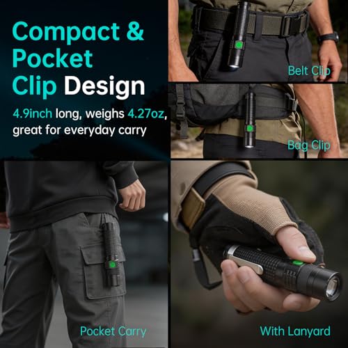 Hoxida Pocket EDC Tactical Flashlight Rechargeable Super Bright 1500lm | 4.9inch & Emergency One Click SOS, Small LED Flashlight 3Hr USB-C Fast Charging, Waterproof Portable for Camping, Hiking
