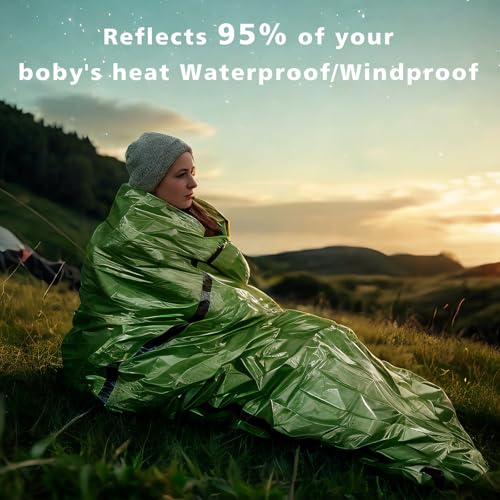 Zmoon Emergency Sleeping Bag Survival Bag, Portable Waterproof Thermal Bivy Sacks,Bivvy Bags,Camping Mylar Sleeping Bag Survival Gear Emergency Blankets Survival Shelter - size: Green Pack of 2