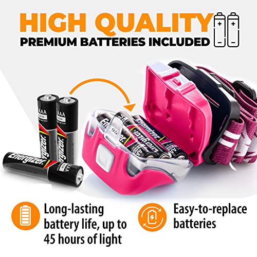 Foxelli LED Headlamp Flashlight for Adults & Kids, Running, Camping, Hiking Head Lamp with White & Red Light, Comfortable Headband, Lightweight & Waterproof, 3 AAA Batteries - color: Neon Pink