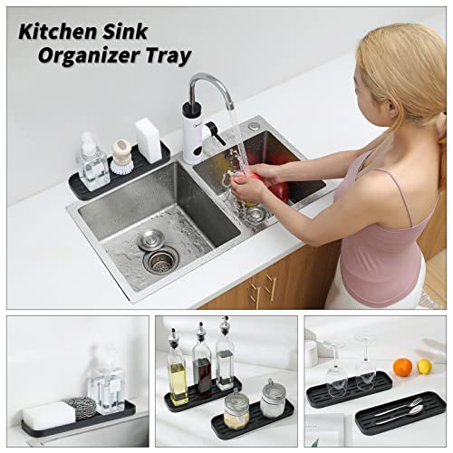 MicoYang Silicone Kitchen Sink Organizer Tray for Multiple Usage,Eco-Friendly Sponges Holder for Kitchen Bathroom Counter or Sink,Dish Soap Dispenser,Scrubber,Bottle,Cup (Black, 12"×4") - color: Black, size: 12" x 4" x 0.7"