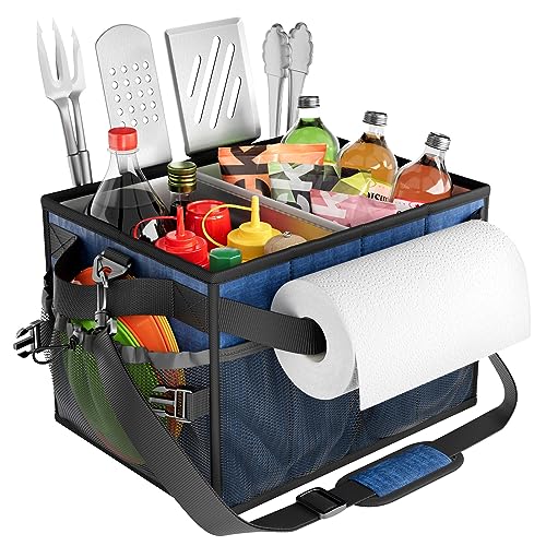 FANGSUN Grill Caddy, Foldable BBQ Caddy with Paper Towel Holder, Blue | 11 Compartments, Easy-Clean Aluminum Interior, 1680D Oxford Fabric, Water-Resistant, Shoulder Strap Included, Tailgating - style: Navy