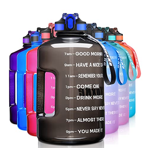 SLUXKE 1 Gallon Motivational Sports Water Bottle with Time Marker, BPA Free 128oz Leak Proof Jug, Black, Plastic, 128 ounces, Fitness, Sports, Outdoor Activities - color: Black