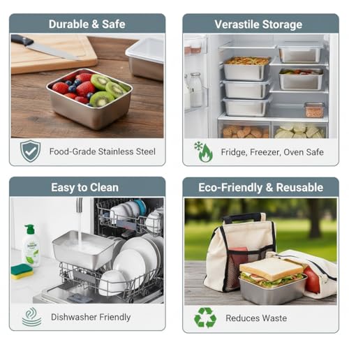 7pcs Stainless Steel Food Storage Containers with Flip-Top Lids, Leakproof & Stackable for Outdoor Camping, Family Gatherings, Office & School