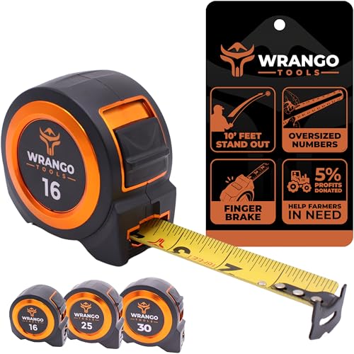 Wrango Tools Tape Measure 16 FT - Measuring Tape Retractable - Oversized & Double-Sided Print - Blade Lock, Finger Brake - High Performance Nylon Coating, 10' Stand-Out - 13' Reach / 1-1/16" Blade - size: 16 FT