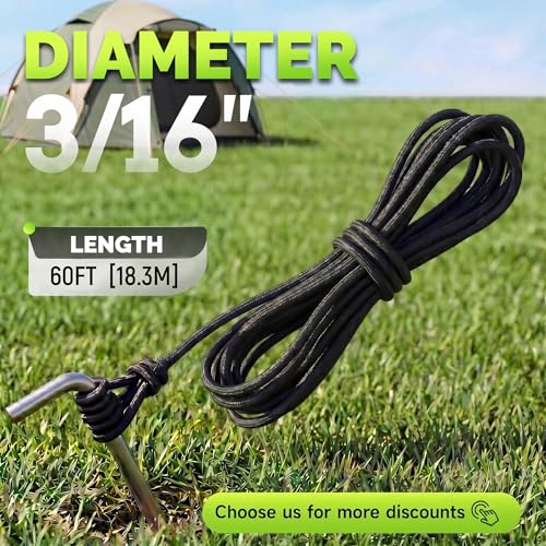 SMART&CASUAL 3/16" x 60' Heavy Duty Polyester Bungee Shock Cord Elastic Rope for Kayak Strap Tarp Tie Down Canopy Boating Camping Trailer and DIY Projects - size: 3/16" x 60' ( 18.3M )