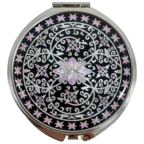 Portable Makeup Compact Double Magnifying Mirror Cosmestic Foldable Pocket Style Unique Mother of Pearl Design (Ivy) - color: Ivy