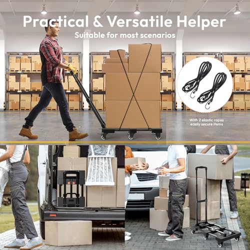 Voipvvii Folding Hand Truck 500lbs, Portable Heavy Duty Dolly Cart, 6 Wheels Collapsible Luggage Cart with 2 Elastic Ropes - Compact Trolley Cart for Easy Moving - Ideal Hand Cart for Travel and More - color: Black