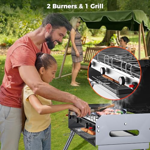 CAMPLUX 2 Burners & 1 Grill Propane Camping Stove, 15,000 BTU Portable Outdoor Propane Camping Grill Burner with Free Standing Legs, Auto-Ignition Gas Stove with Regulator, Black - color: Black