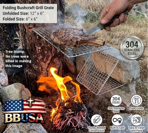 Portable Bushcraft Stainless BBQ Folding Cooking Grill Grate & Burlap Hemp Drawstring Bag. Camping, Campfires, Backpacking, Hunting & Fishing. (Folding Grill & Bag ONLY) - size: Folding Grill & Bag
