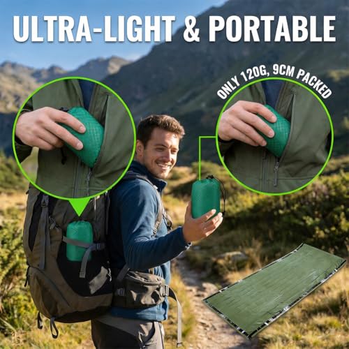 3 PCS Ultra-Light Thermal Emergency Sleeping Bag, Waterproof Survival Bivy Sack with Storage Pouch for Outdoor Adventures - color: Green