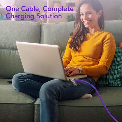 MFish 2-Pack 240W 4-in-1 Multi Charging Cable, Grey+Purple, 6.6FT | Carrying Case, USB-A & USB-C to USB-C/Lightning, For iPhone 17/16/15/14, MacBook, iPad, Laptop, Samsung S25/S24 - color: Grey+Purple, size: 2-Pack 6.6FT