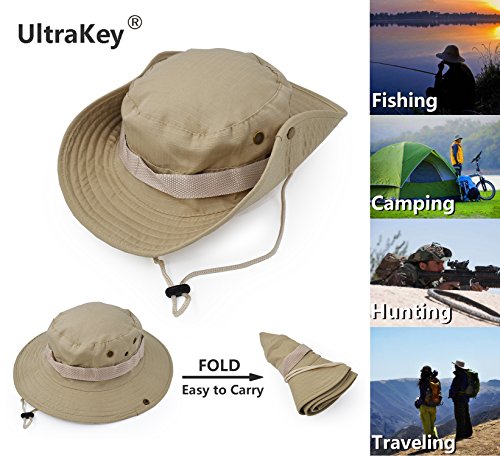 Outdoor Wide Brim Sun Protect Hat, Classic US Combat Army Style Bush Jungle Sun Cap for Fishing Hunting Camping - color: Light Khaki