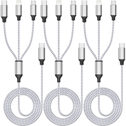 Multi Charging Cable 4ft 3Pack 3 in 1 Charger Cord, Multiple Usb C Cable | Nylon Braided Cable USB Charging Cable Multi Phone Charger Cord with Type C Micro Lightning for Apple iPhone17-5 Cell Phones - color: White/Silver-4ft